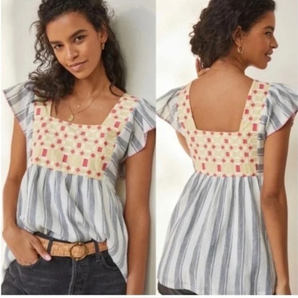 Anthropologie Forever That Girl Basel Embroidered Flutter Sleeve Top Women Small